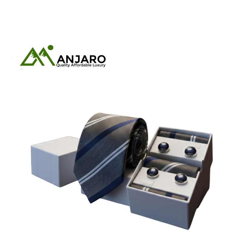 Executive Grey & Blue Stripe Silk Tie & Cufflink Set