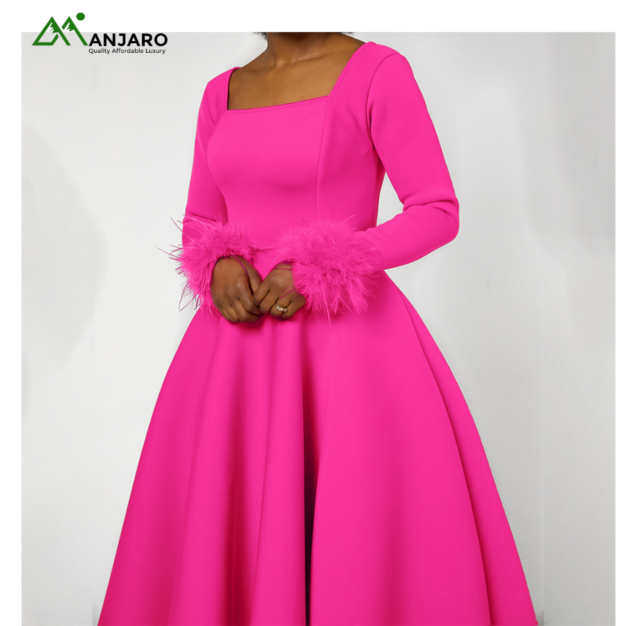 Elegant Fur-Trimmed Full Skirt Party Dress – African Style High-Waisted Long Sleeve Midi Dress(Shipping Fee Included)