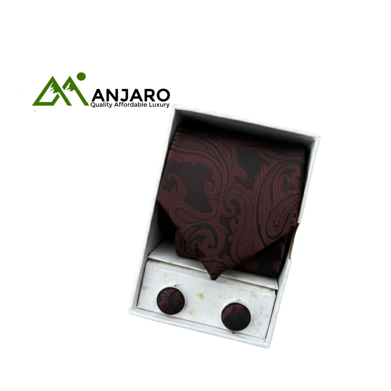 Luxury Burgundy Paisley Tie Set - Elegant Pattern Necktie, Black & White Stripe Tie & Matching Cufflinks - Sophisticated 3-in-1 Gift