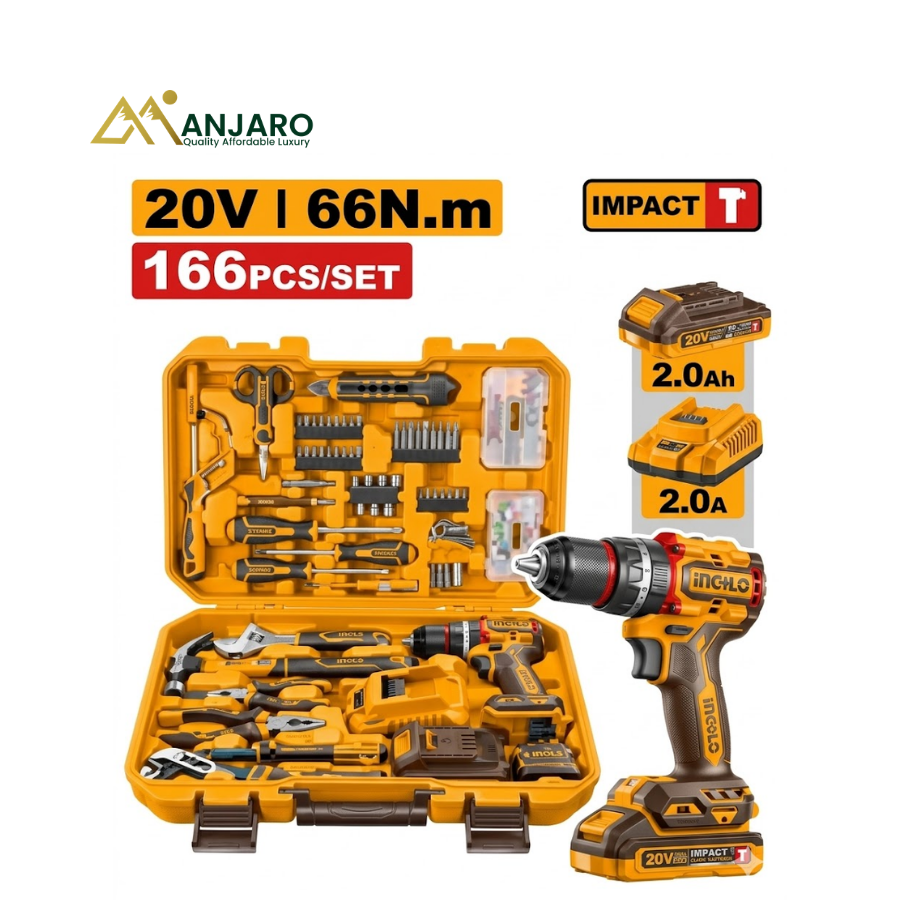 INGCO HKTHP41662 166-Piece Tool Set – 20V Cordless Impact Drill Kit with Hand Tools, Accessories & Carrying Case