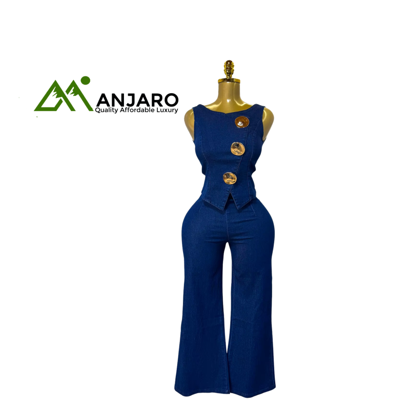 Denim 2Pcs Set – Sleeveless Metal Buckle Denim Top with Wide-Leg Jeans Pants | Women’s Casual Outfit