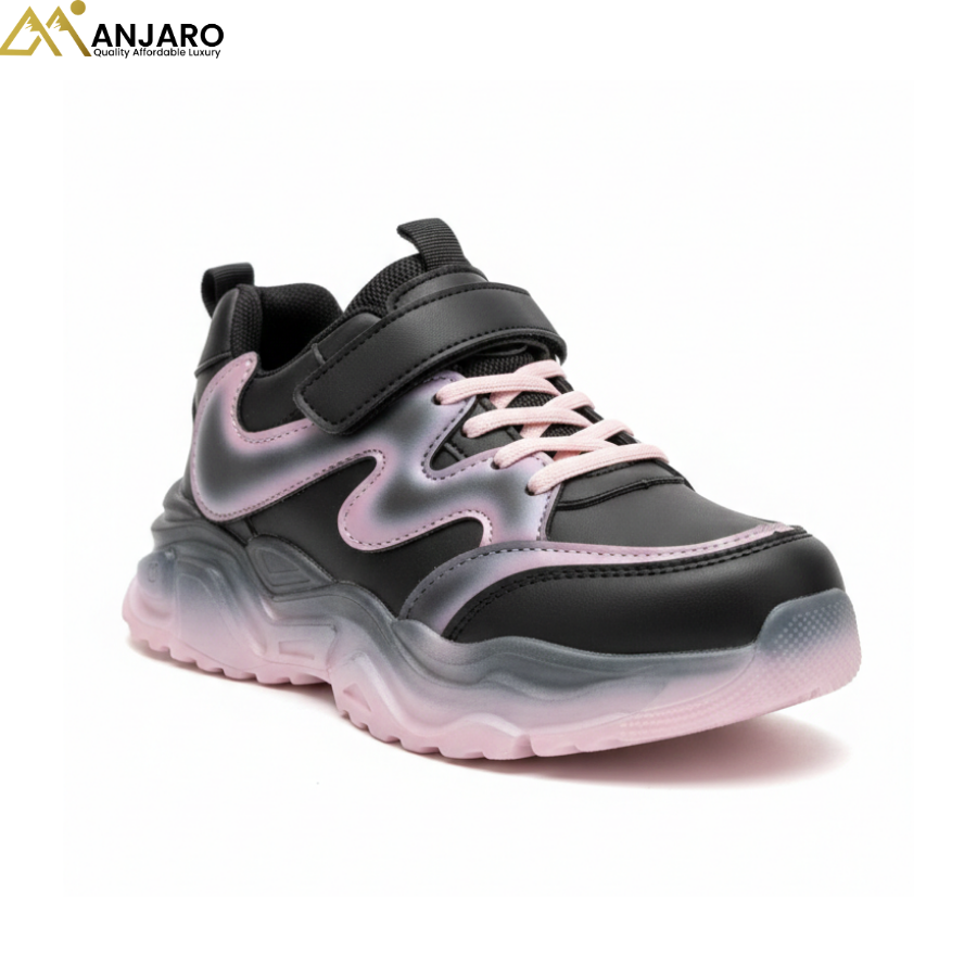 Star-Glow Girl’s Athletic Sneakers – Black & Neon Pink