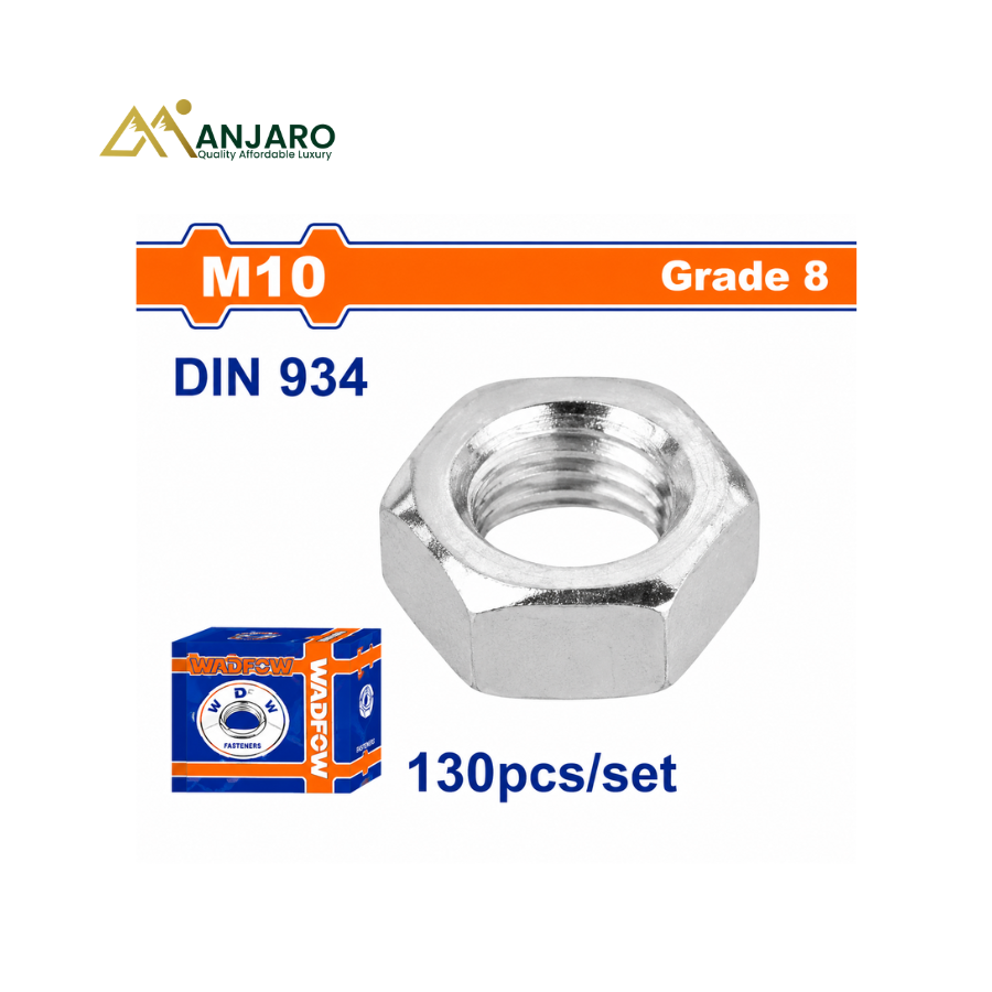Wadfow Hex Nut Set – M10 DIN 934 Carbon Steel Zinc Plated Fasteners – 130pcs Pack (Class 8) WMV1510A