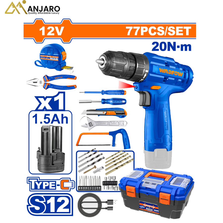 Wadfow 77-Pcs Tool Set – Includes 12V Cordless Drill & Accessories WDT4B77
