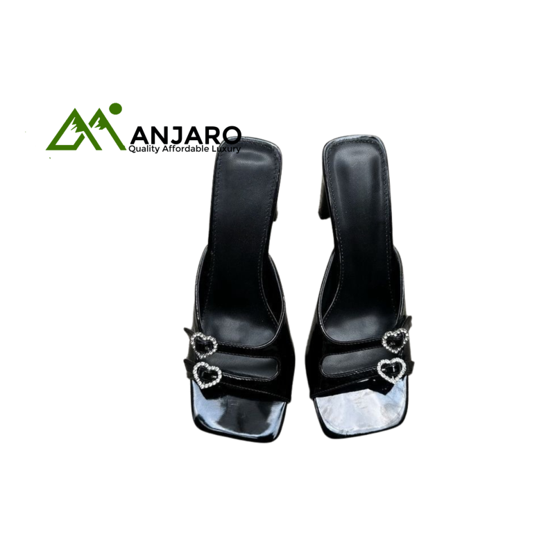 Square Toe Slide Sandals with Heart Crystal Ankle Strap – Vintage Modern Ultra High Heel Mules