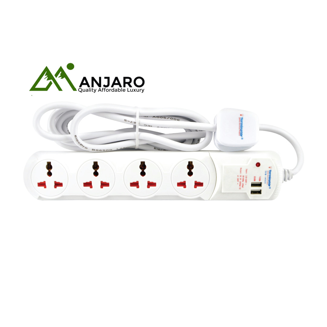 Terminator 4 Way Universal Power Extension Socket with 2 USB Ports and 13A Plug: