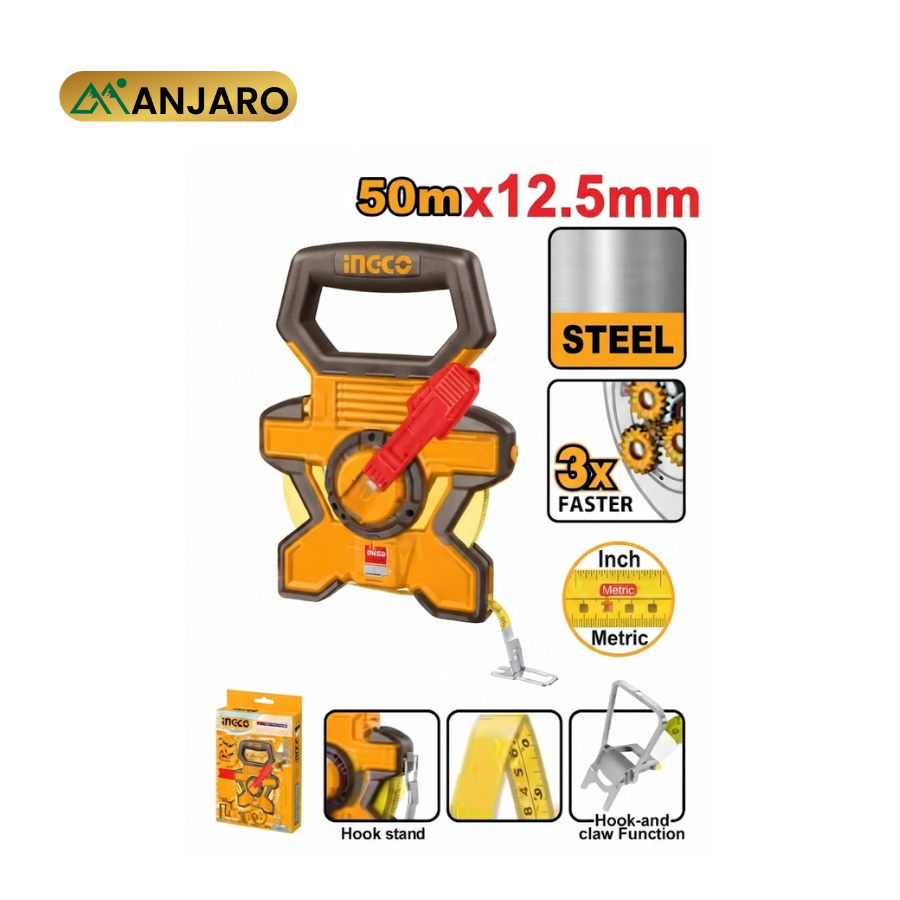 Ingco  50m Steel Measuring Tape 12.5mm – Metric & Inch Survey Tape with 3:1 Fast Rewind Gear HSMT0850