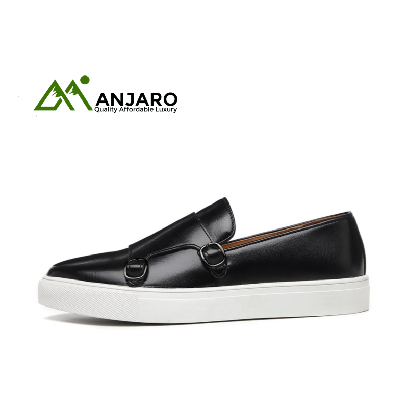 Men’s Large Size Double Button Leather Loafers – Genuine Leather Slip-On with Cushioned Comfort