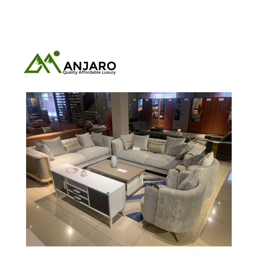 Starlight Opulence 8-Seater Luxury Sofa Set - Textured Silver-Grey Fabric & Gold Trim