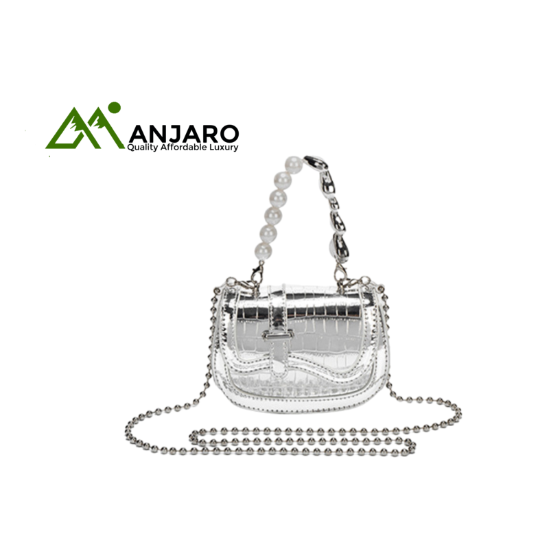 Summer Texture Pearl Chain Mini Silver Handbag – Niche Canvas Crossbody Shoulder Bag for Women