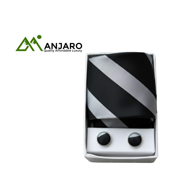 Classic Executive Tie Set - Black & Silver Stripe Necktie, Navy Solid Tie, & Cufflinks - Professional 3-in-1 Gift