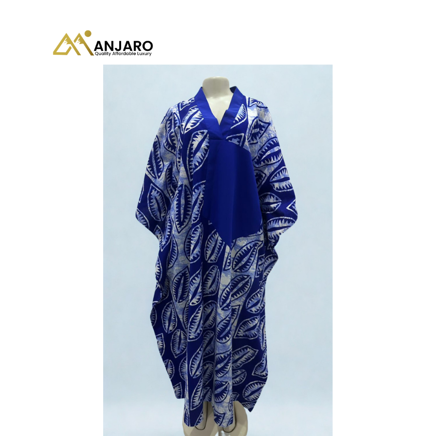 African Print Kaftan Dress 100% Cotton – Blue & White, Breathable, Loose Fit, Stylish Comfort Wear