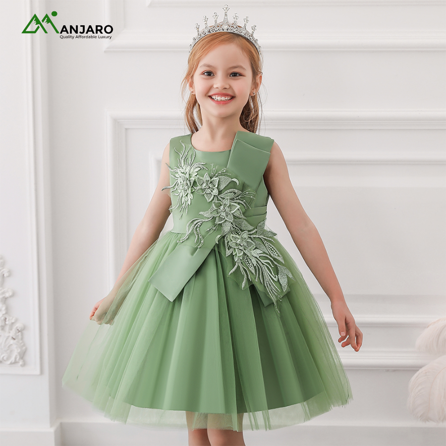 FSMKTZ Satin Baby Girl Floral Applique Dress – Knee-Length Spring Gown with Breathable Comfort