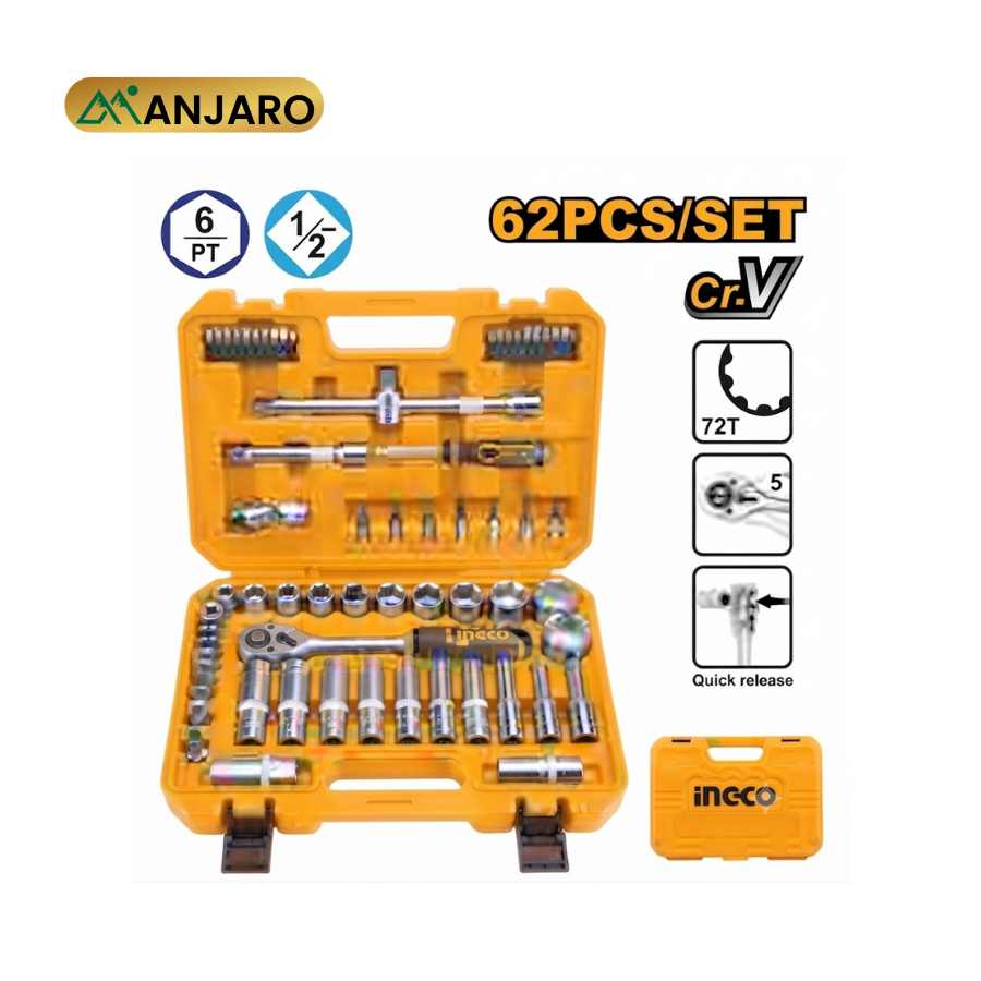 Ingco 62-Piece 1/2-Inch Drive Socket Set – Professional Metric Ratchet & Deep Socket Tool Kit HKTS12602