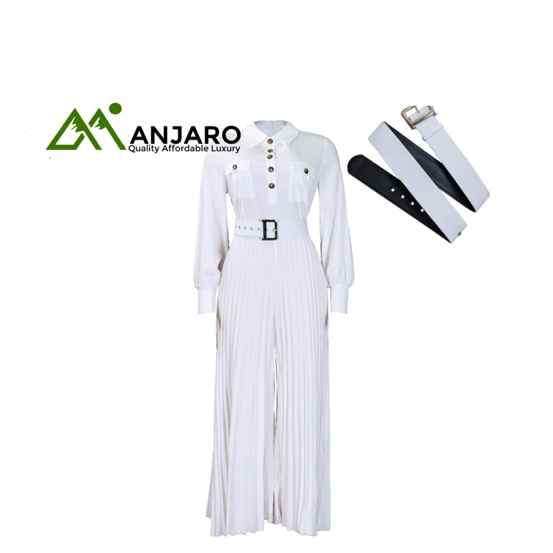 Women's Long-Sleeved Loose Pleated Wide-Leg Belted Jumpsuit