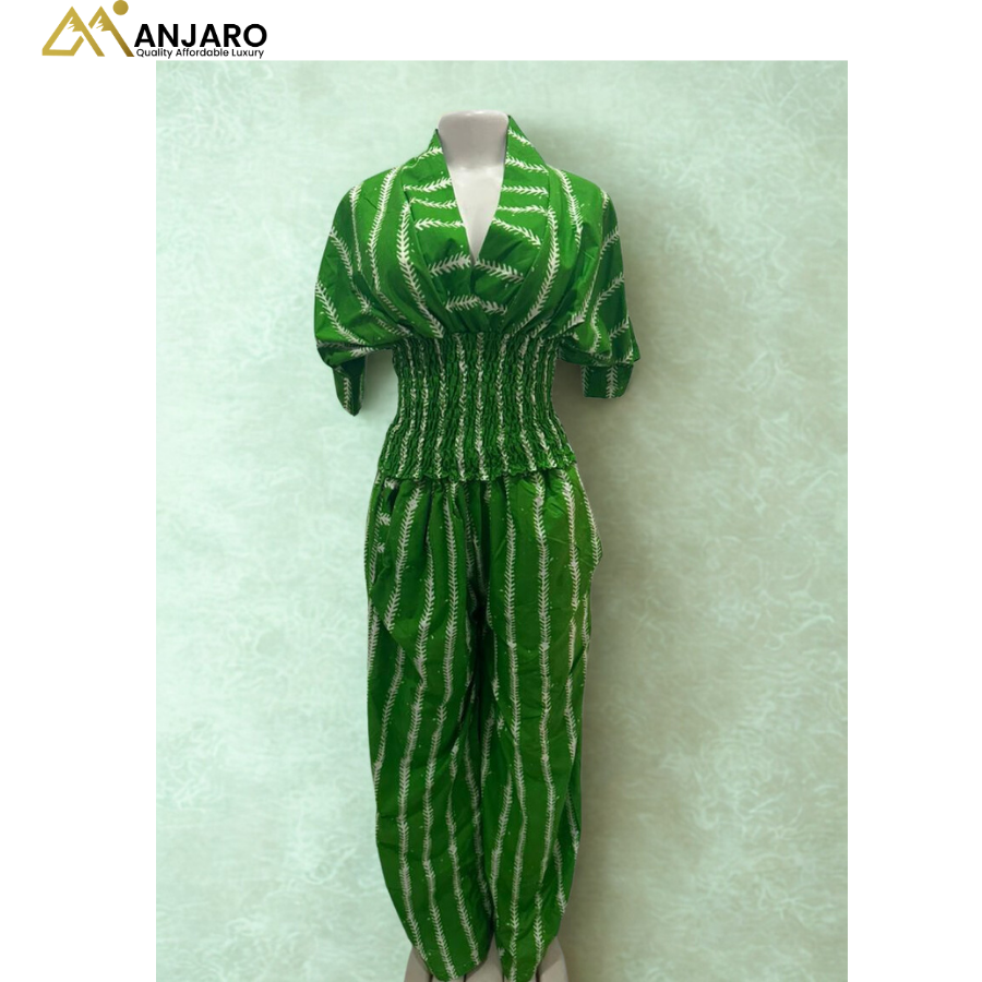 V-Neck Smocked Two-Piece Set – Neon Green & White Fern Batik