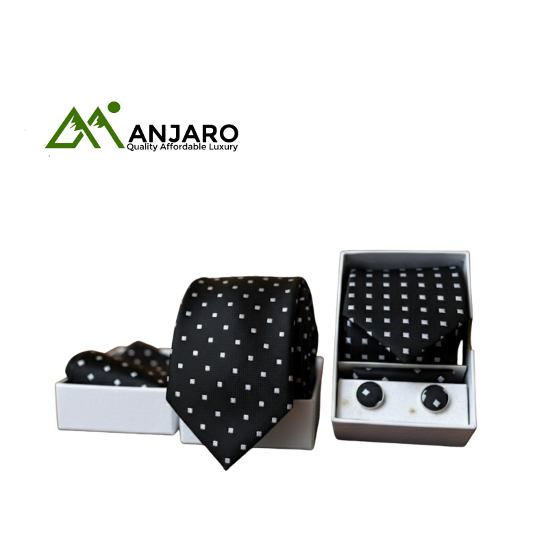 Black & Silver Grid Pattern Men’s Tie Gift Set – Elegant Formalwear with Matching Cufflinks