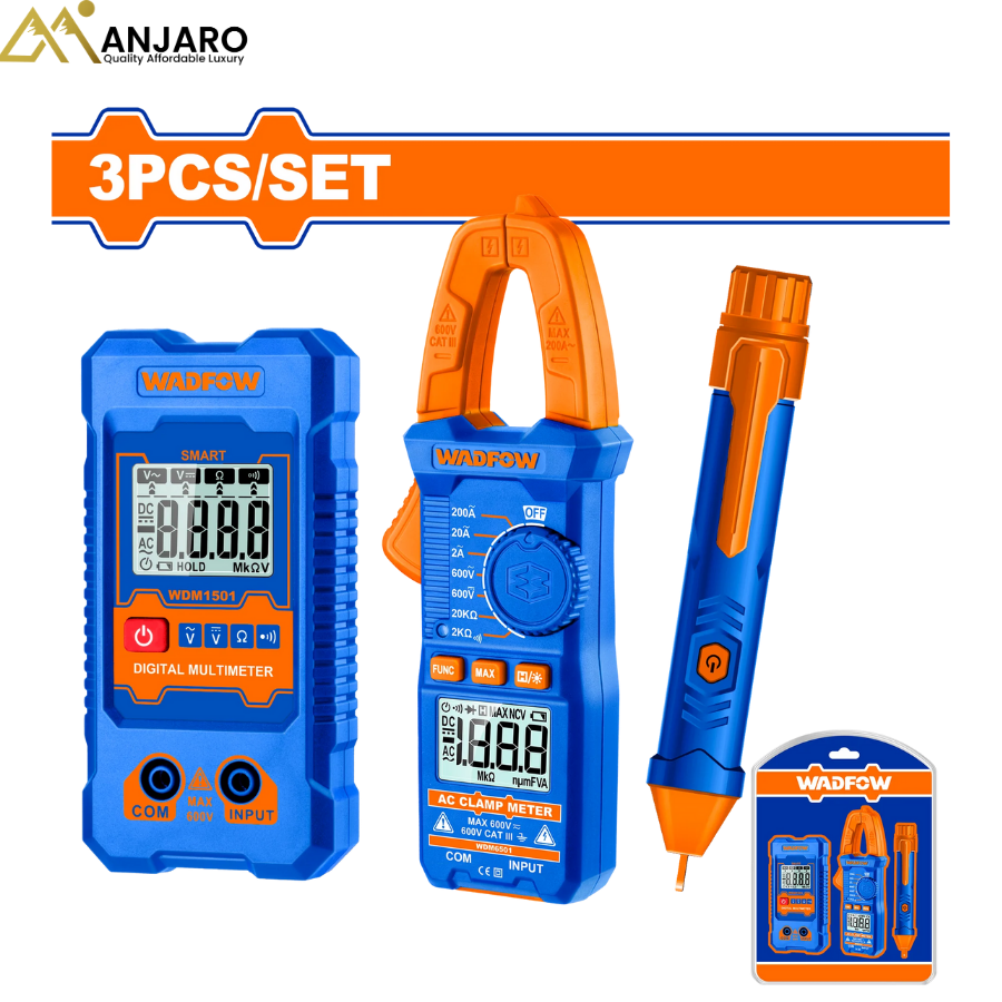 Wadfow Electrical Test Kit – 3-Piece True RMS Digital AC Clamp Meter Set WDM94011