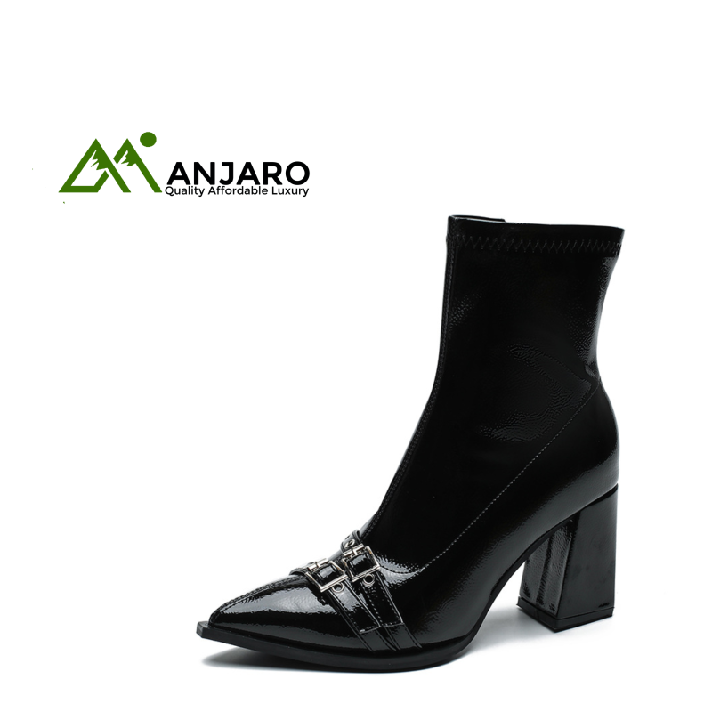 Pointed High Heel Patent Leather Ankle Boots – Women’s Chunky Heel Fashion Shoes