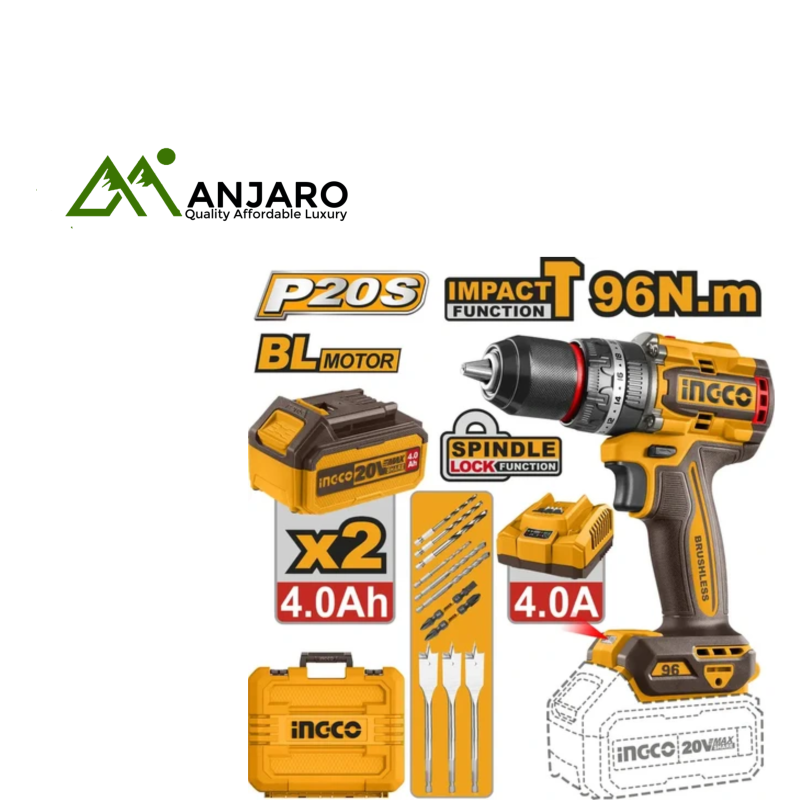 CIDLI20968 20V Brushless Cordless Impact Drill – 96Nm Torque, Dual-Speed with 2×4.0Ah Batteries