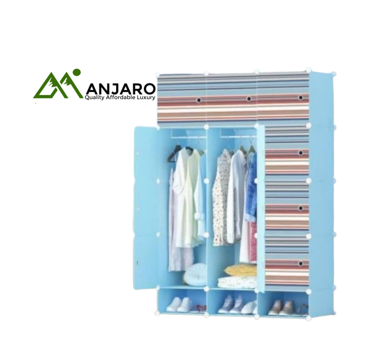 Large Modular Plastic Wardrobe with Striped Doors – Multi-Section Closet Organizer with Hanging Rods & Shoe Storage