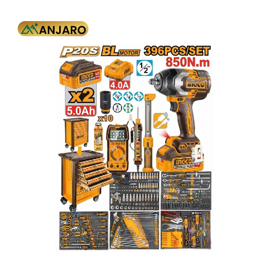 Ingco 396-Piece Tool Chest Set with 20V Brushless 850Nm Cordless Impact Wrench & 5.0Ah Batteries HTCS283962