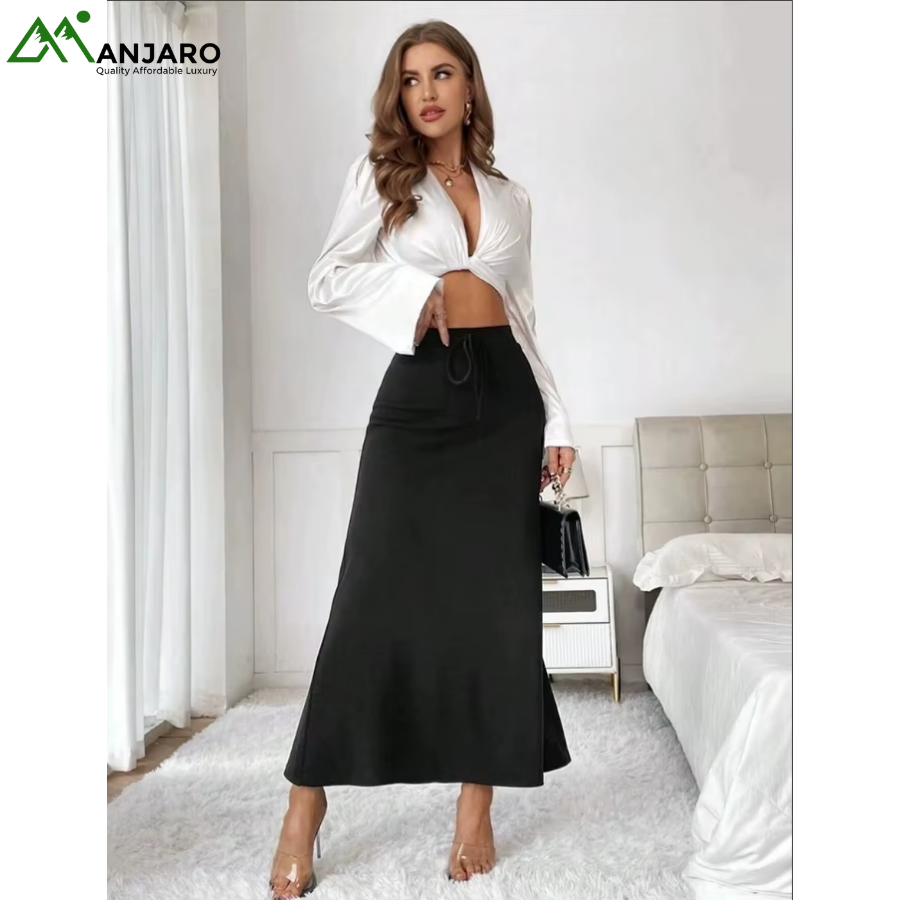 D&M Women’s High-Waist Satin Midi Skirt – Elegant Solid Black Elastic Casual Skirt | Breathable & Anti-Wrinkle(Shipping Fee Included)