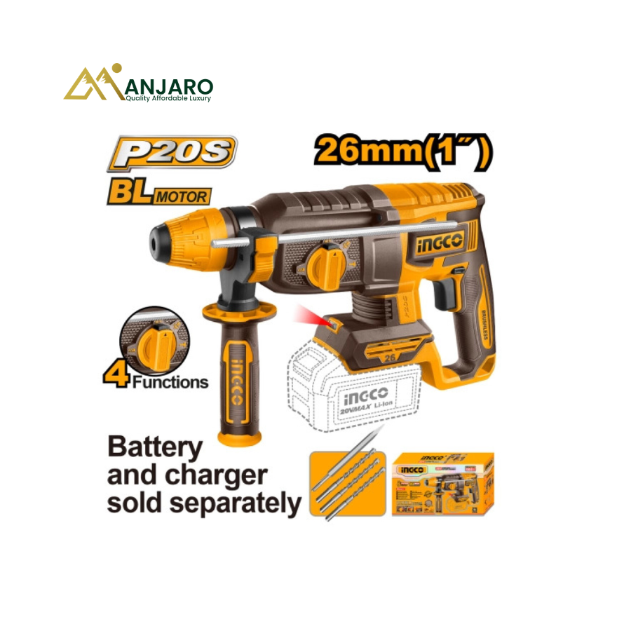 INGCO 20V Brushless Cordless Rotary Hammer – SDS Plus Chuck, 2.5J Impact Energy & 26mm Concrete Drilling CRHLI26208