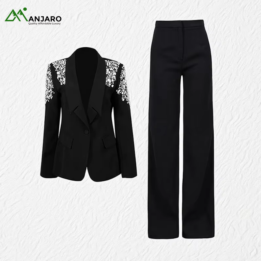D&M Black Rhinestone Blazer for Women – Loose Fit Long Sleeve Trendy Office & Casual Jacket(Shipping Fee Included)