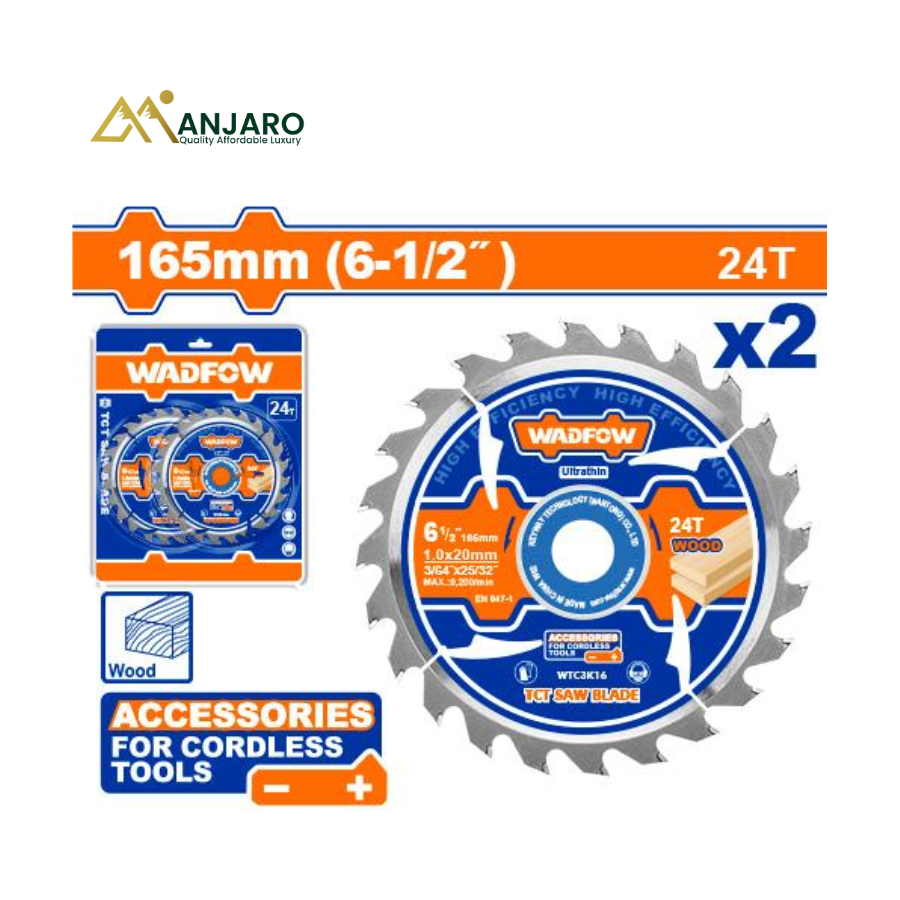 WADFOW Ultra-Thin TCT Saw Blade Set – 165mm (6-1/2"), 24 Teeth, Wood Cutting  WTC3K16