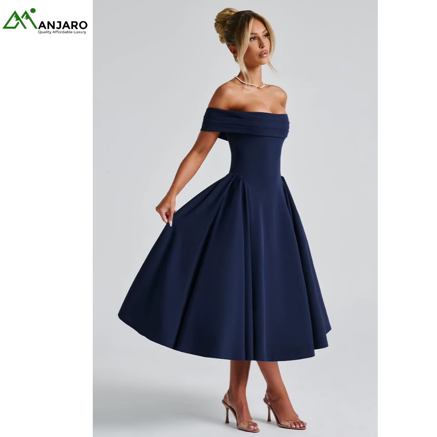 D&M Women's Off-Shoulder Long Evening Dress – Elegant Bridesmaid & Princess Style, Maxi Satin Gown(Shiping Fee Included)