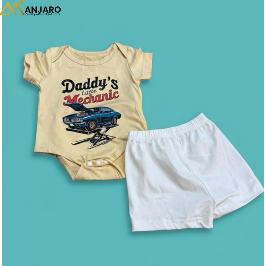 Baby “Daddy’s Little Mechanic” Bodysuit & Shorts Set – 0–3 Months