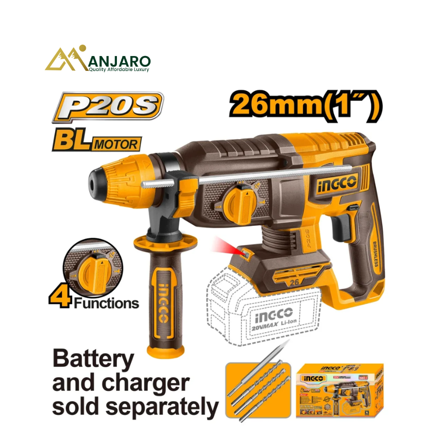 Ingco Cordless Rotary Hammer– Brushless SDS-Plus Concrete Drill – 20V CRHLI26208