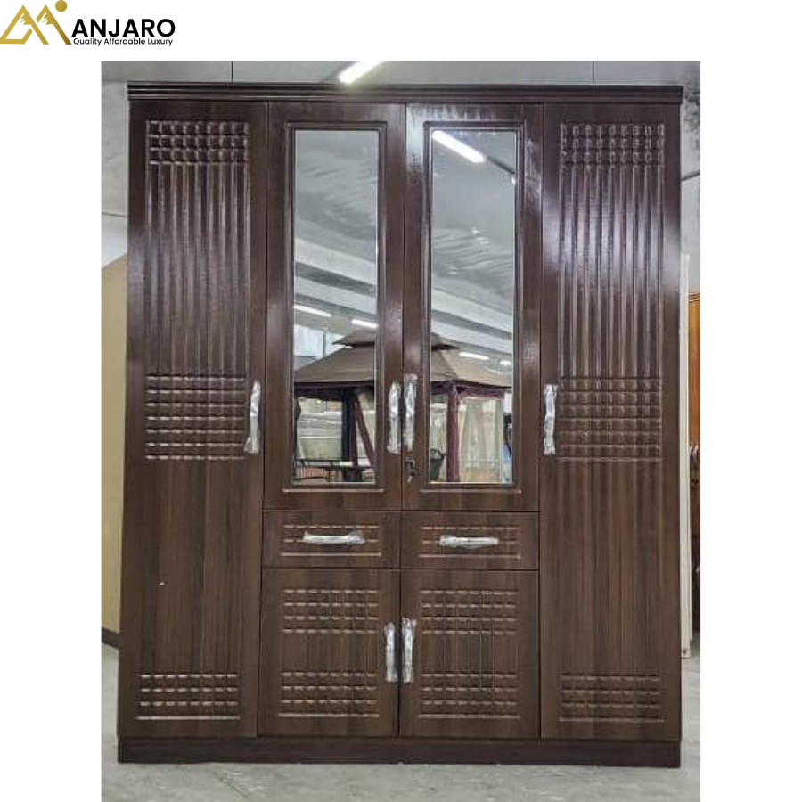 Classic Walnut 4-Door Wardrobe with Dual Mirrors and Multi-Section Storage