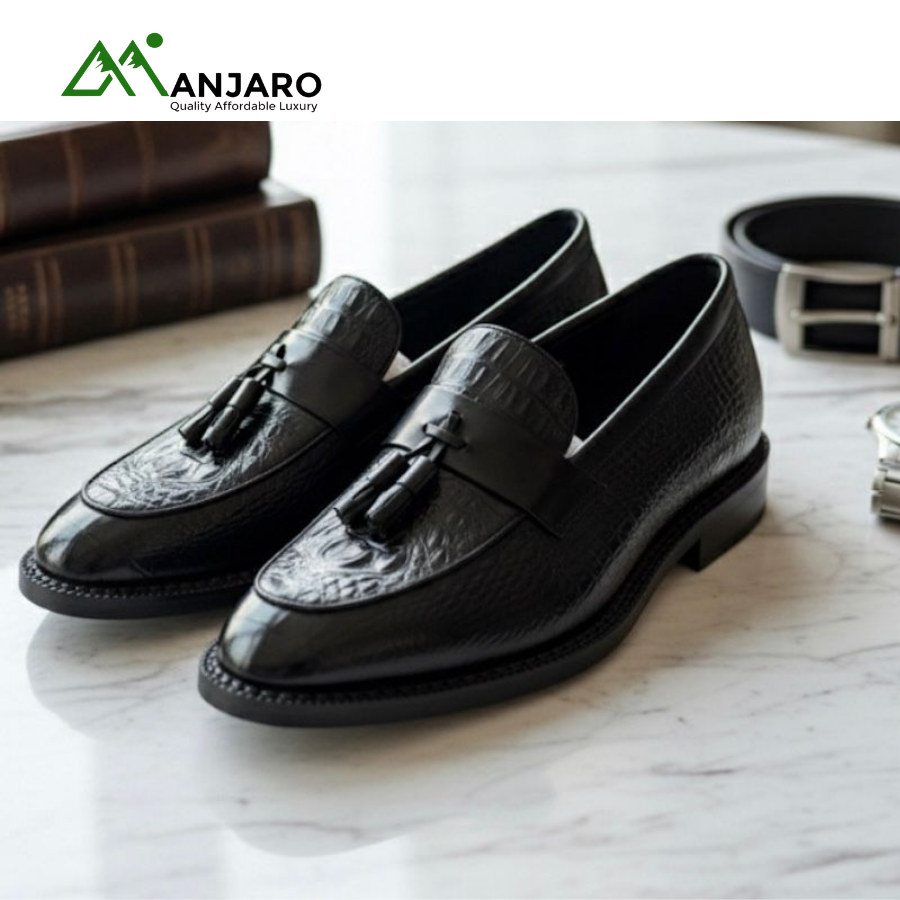 John Foster Premium Black Embossed Tassel Loafers | Crocodile-Textured Dress Shoes