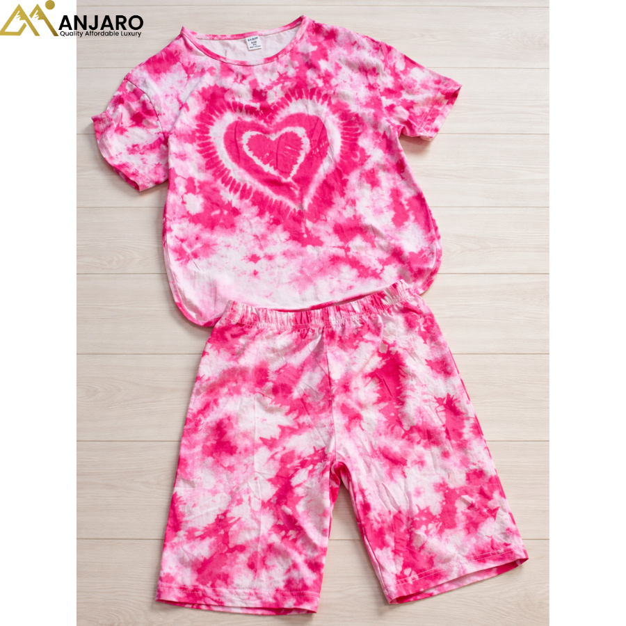 Girls Pink Tie-Dye Heart Top & Biker Shorts Set – 5/6/7 Years
