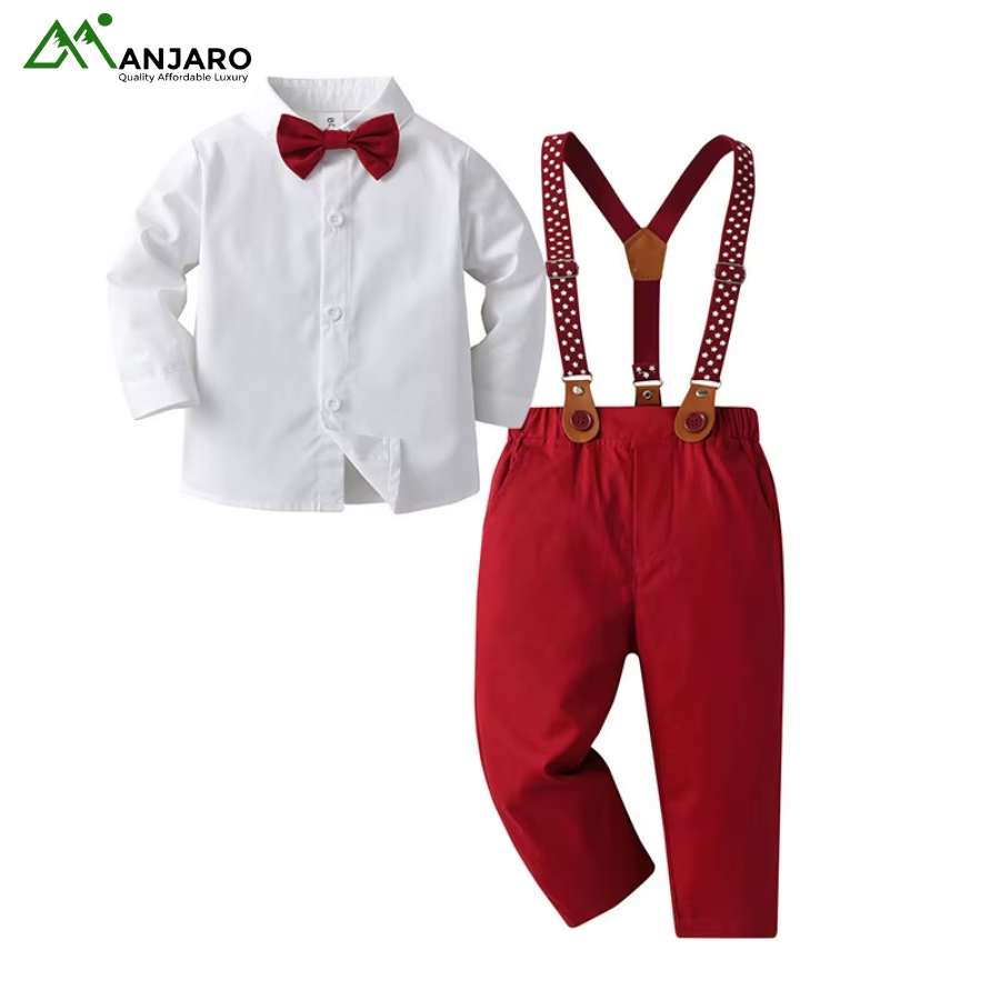 New Fashion Boy Kids Bow Tie Shirt & Pants 2-Piece Set – Long Sleeve Suspender Trousers, Gentleman Formal Suit (Shipping Fee Included)
