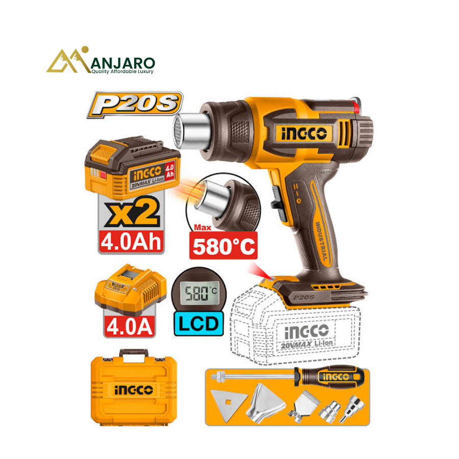 Ingco Cordless Heat Gun – Adjustable LCD Temperature Control – 20V HGLI20582