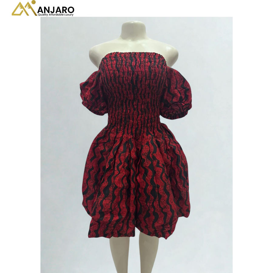 Ankara Off-Shoulder Smocked Midi Dress – Red & Black