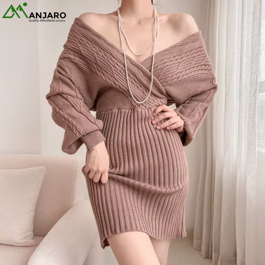 D&M Women’s V-Neck Open Shoulder Knitted Sweater – Hip Underlay Casual Autumn Winter Pullover(Shipping Fee Included)