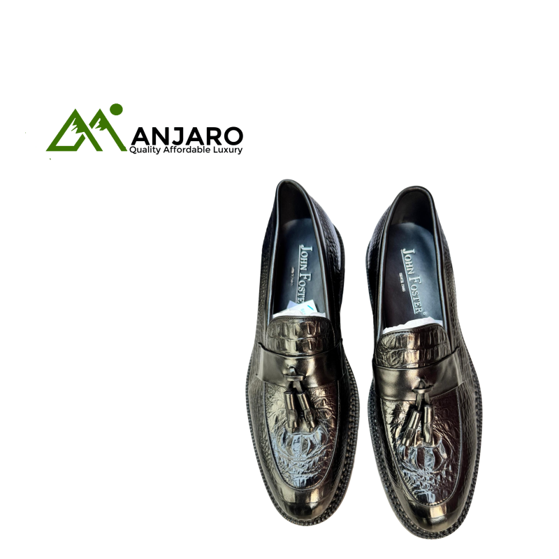 John Foster Black Crocodile Embossed Tassel Loafers - Exotic Finish | Unique Statement Footwear | Luxurious & Modern Style
