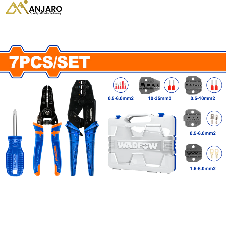 Wadfow Crimping Pliers Set – 7 Pcs 9" Ratchet Crimper with Interchangeable Dies WHS1B07