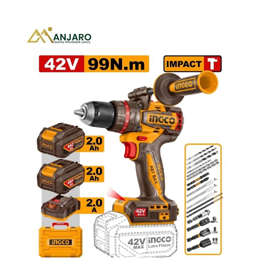 Ingco Brushless Cordless Impact Drill – 42V 99Nm Heavy-Duty Hammer Drill with Drill Bit Set CIDLI429982