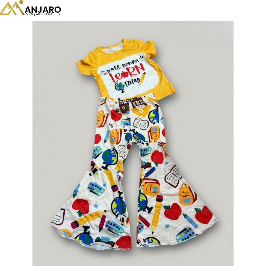 Girls “Y’all Gonna Learn Today” School Print Top & Flared Pants Set – 2 Piece Outfit (Sizes 3–7 Years)
