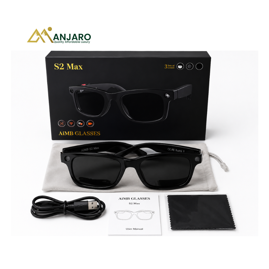 AIMB S2 Max AI Smart Glasses – Camera, Bluetooth Audio, Real-Time Translation & HD Video Recording – Black