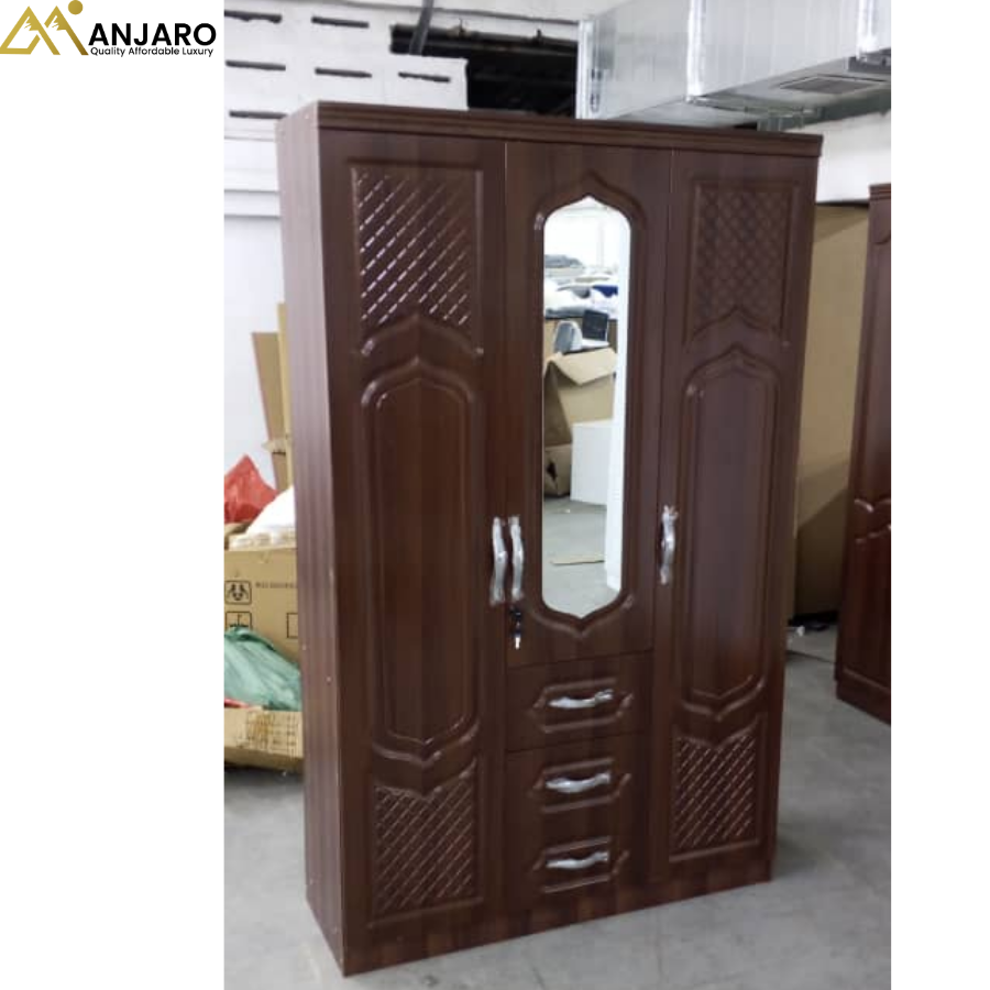 Classic Walnut 3-Door Wardrobe with Arched Mirror and Triple Drawers