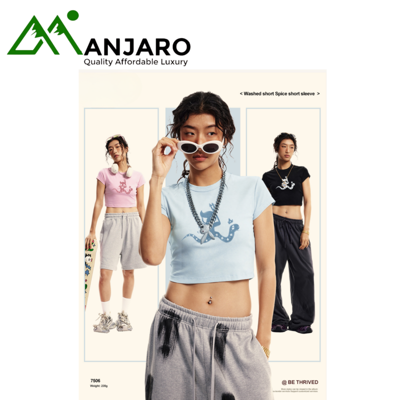 BE Women's Clothing  Summer American Trendy Hot Girl Slim-Fit Short-Sleeve Shoulder T-Shirt (Shipping fee Included)