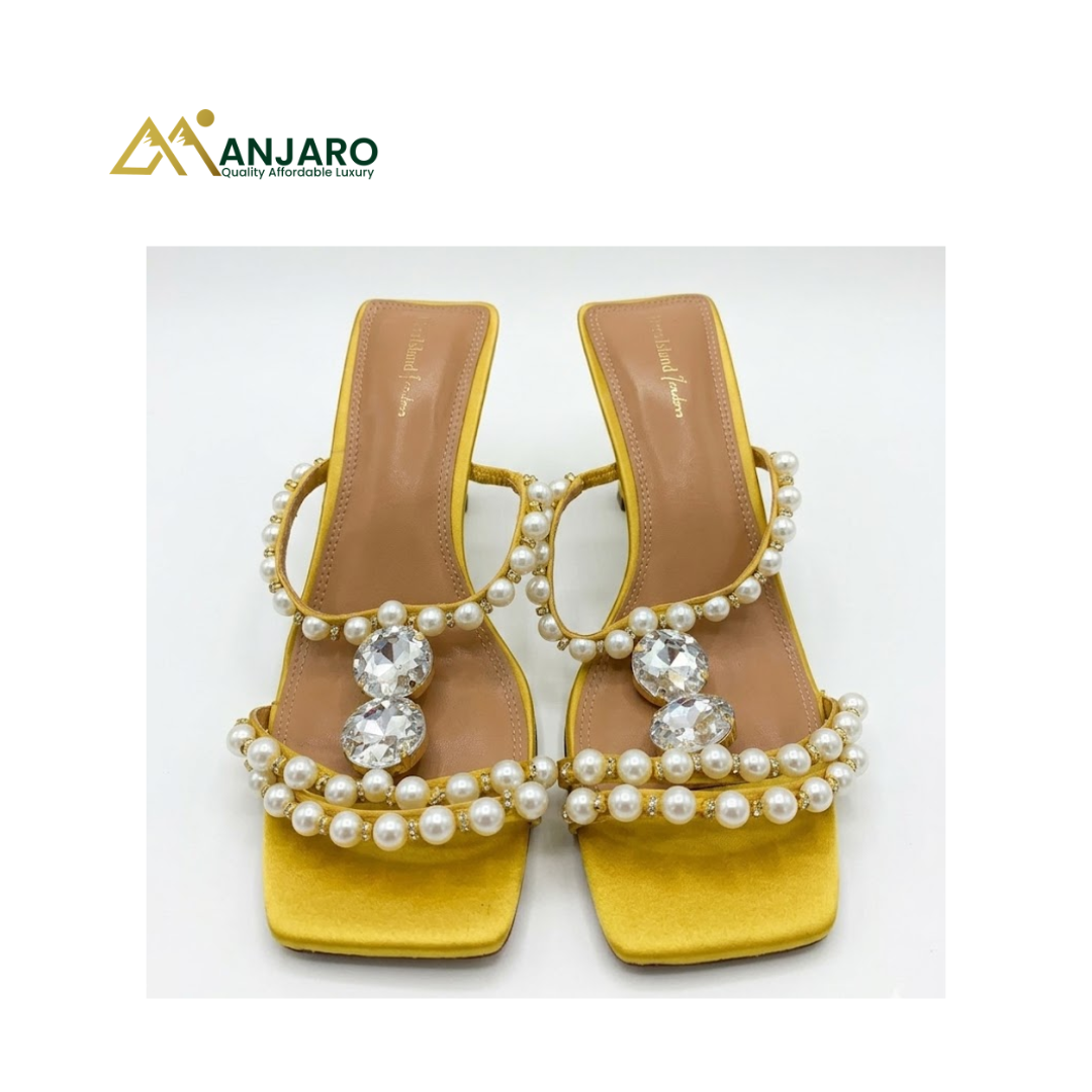 Gold Pearl & Crystal Embellished Heeled Sandals – Women’s Elegant Heels (UK Size 6)