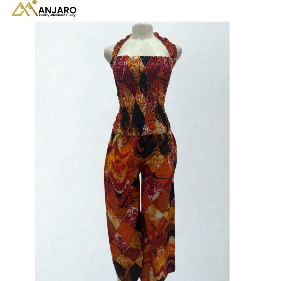 Smocked Two-Piece Set – Fiery Orange & Earthy Amber Abstract