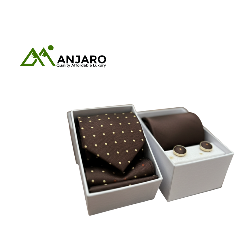Luxury Brown Polka Dot Men’s Tie Gift Set – Includes Cufflinks | Classic Sophistication & Style